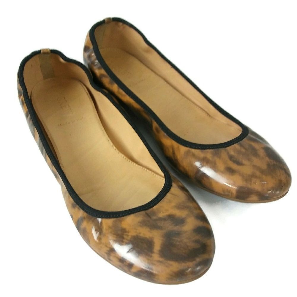 J.Crew Ballet Flats Sz 8.5 Leopard Print Patent Leather Shoes Slip‎ On Loafers